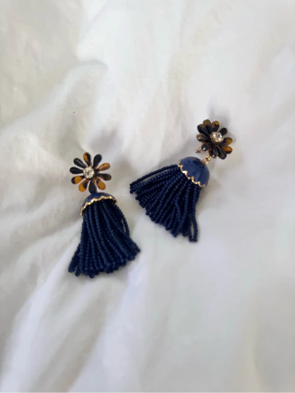 J Crew blue beaded tassel Tortoise Shell flower earrings $65 retail